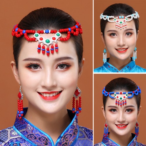 Mongolian dance performance pink blue white headwear earrings female handmade beaded Mongolia dance hair accessories stage headwear